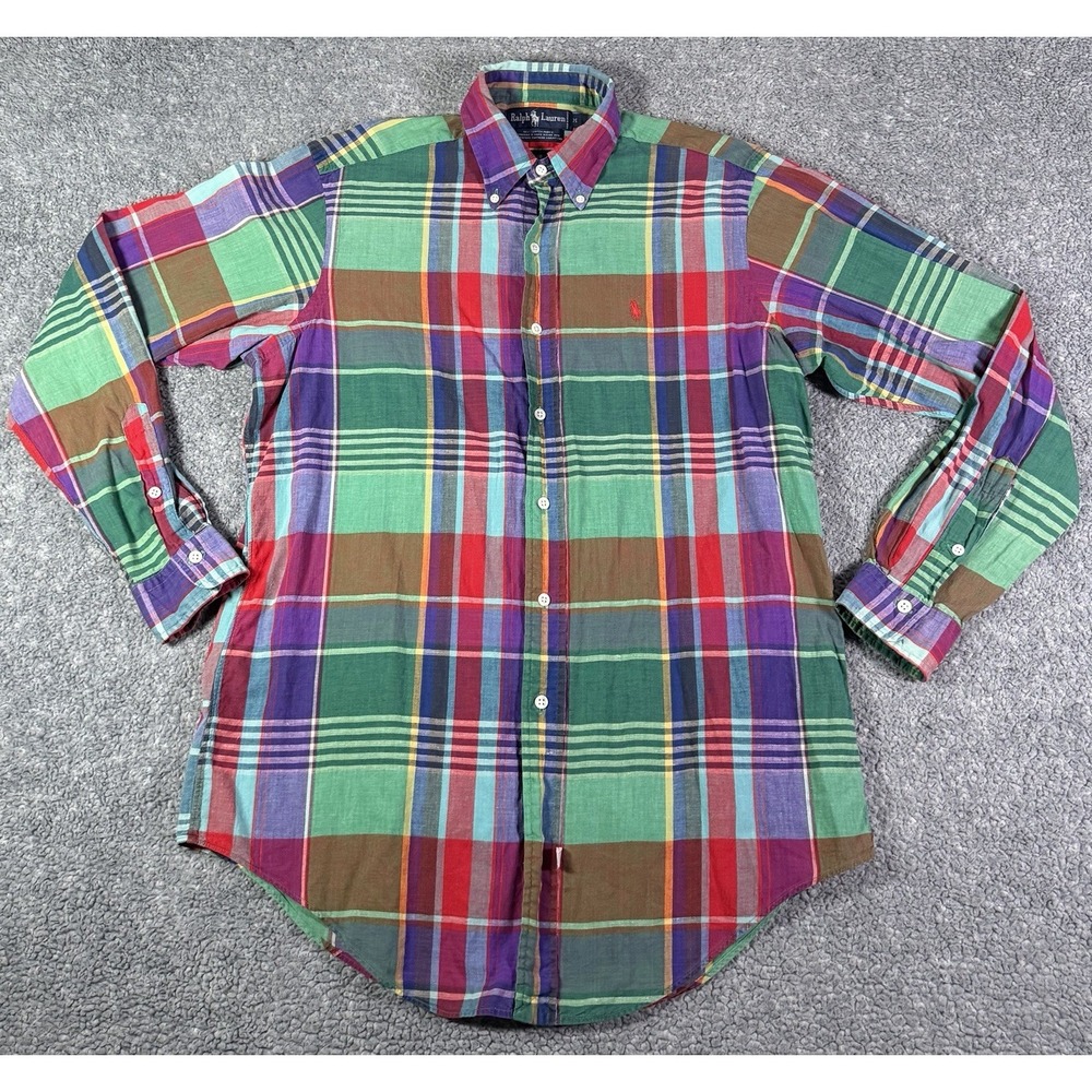 Vintage Ralph Lauren Multicolor Madras Plaid Shirt Mens M Hand Woven Button Down